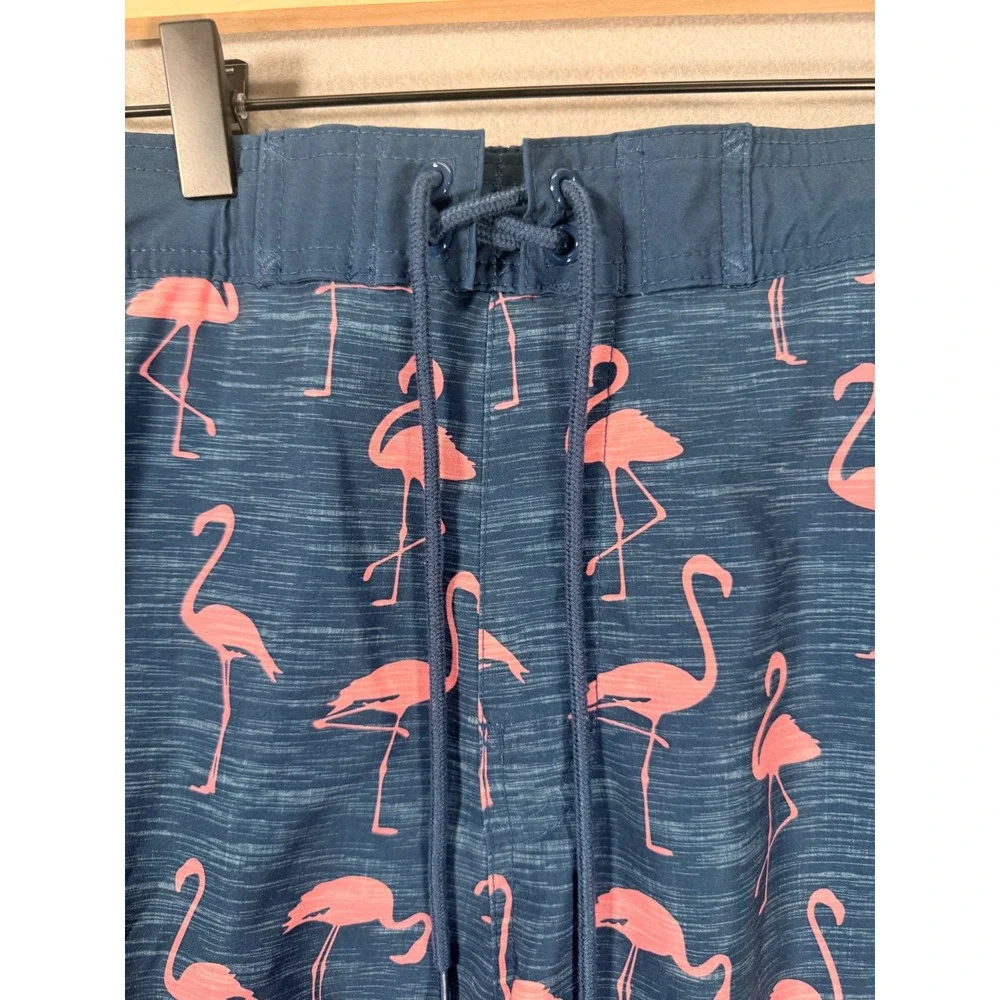 Mens Pink Flamingo Board Shorts Navy Blue Mesh Lined Swim Trunks Size Large‎